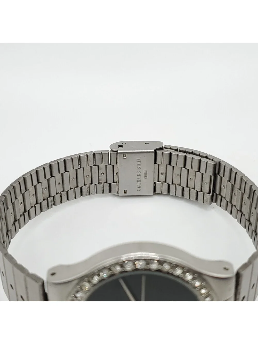 Geneva Watch Women 33mm Black Dial Rhinestone Bezel Silver Tone New Battery